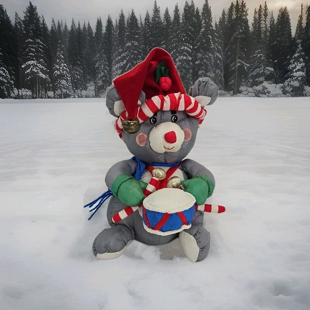 VTG Nylon Puffy Christmas Stuffy‎ Mouse Drum Plush Animal 90s **READ**